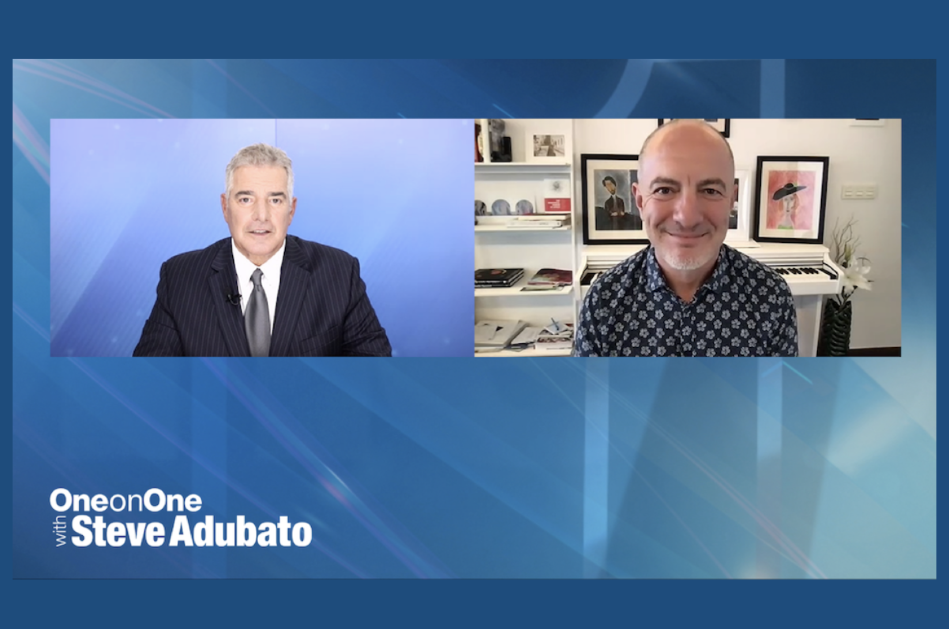 TV personality and guest, side by side digital windows with text: One-on-One with Steve Adubato