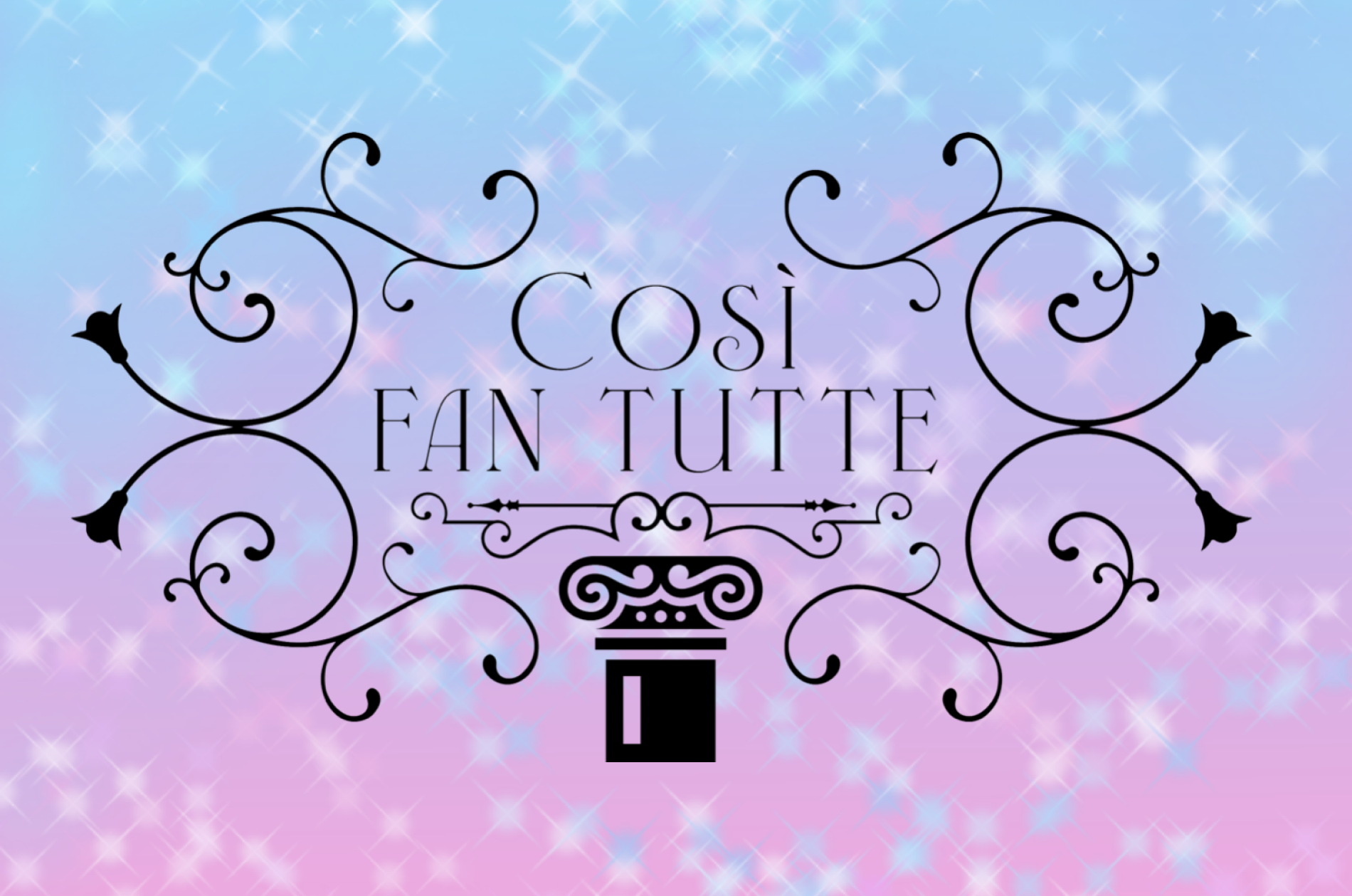 Pink and blue graphic with wrought iron embellishment and text: Cosi Fan Tutte