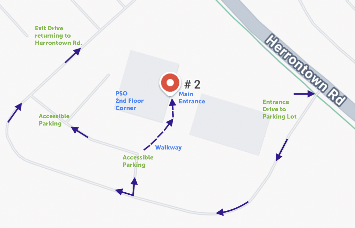 Map indicating driveway, accessible parking, and entrance location for 1000 Herrontown Rd, Princeton, NJ