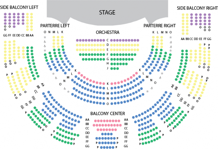 Seating chart of Richardson Auditorium outlining price sections.