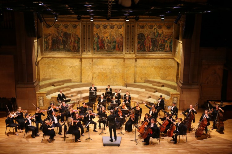 The Princeton Symphony Orchestra performing onstage at Richardson Auditorium, conducted by Rossen Milanov