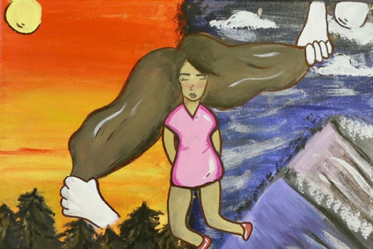 Painting of a girl whose hair is being pulled in two opposite directions, one toward a sunset, and one towards a moonlit mountain