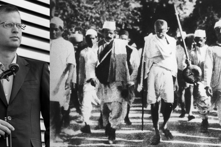 A photo of composer William Harvey with his violin next to a photo of Gandhi, all in black and white
