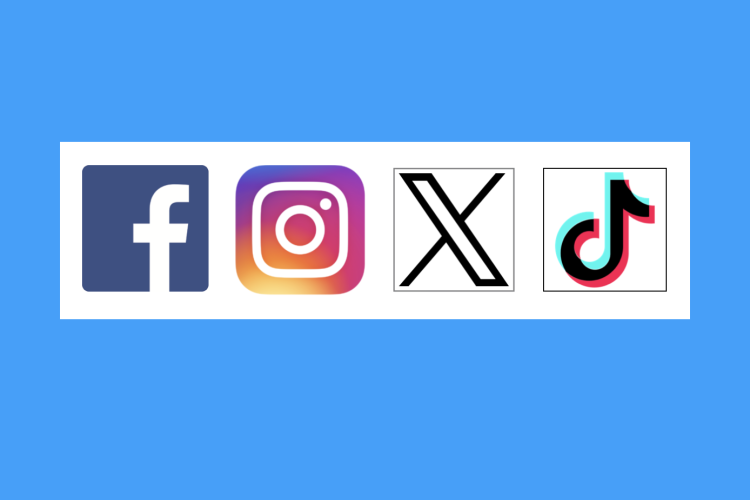 facebook, Instagram, "X", and TikTok icons