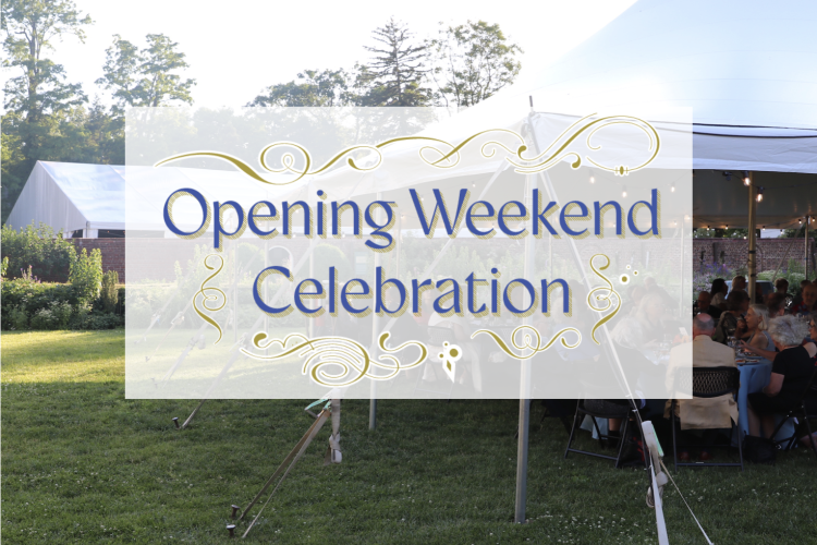 Outdoor image of two tents with people superimposed by an opaque white field with text: Opening Weekend Celebration