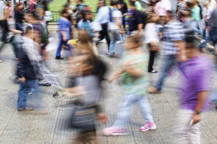 People rushing outside causing a blur
