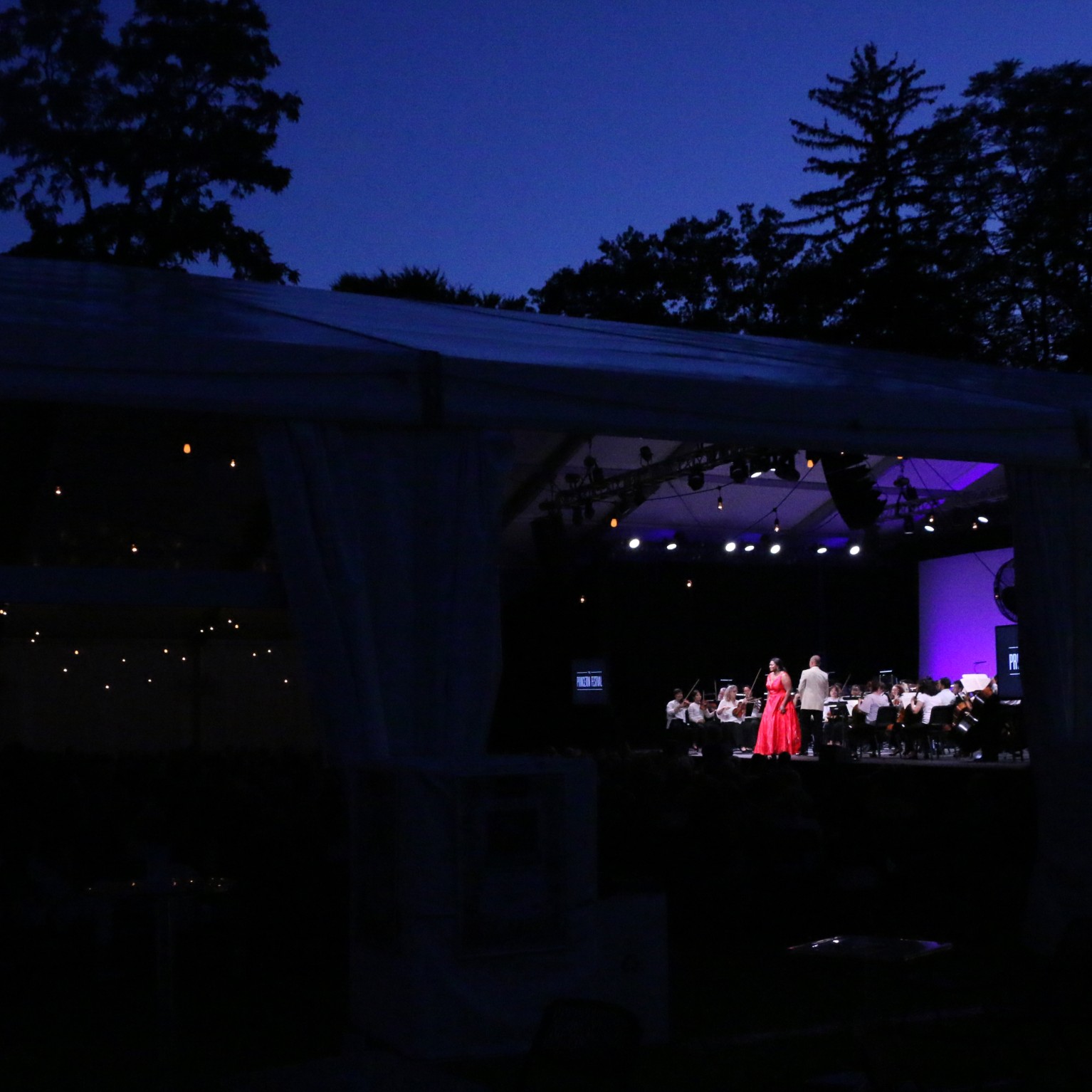 A performance with a soloist and orchestra within an outdoor pavilion underneath a nighttime sky.