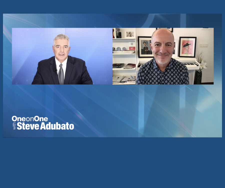 Two people on Zoom interviewing on a television program; Text: One On One with Steve Adubato and Rossen Milanov 2023