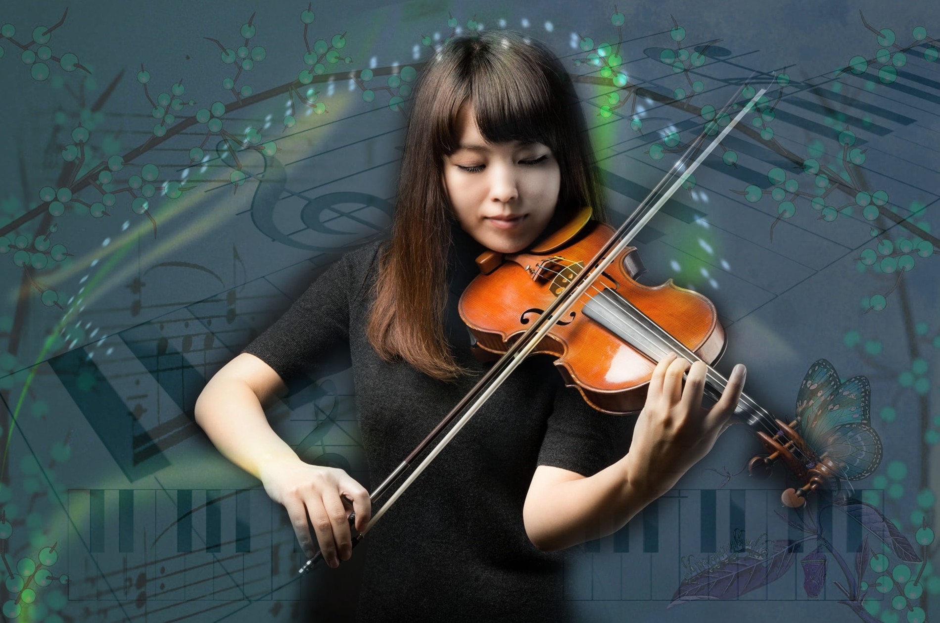 A woman playing violin against a graphic backdrop filled with musical notes and piano keys.
