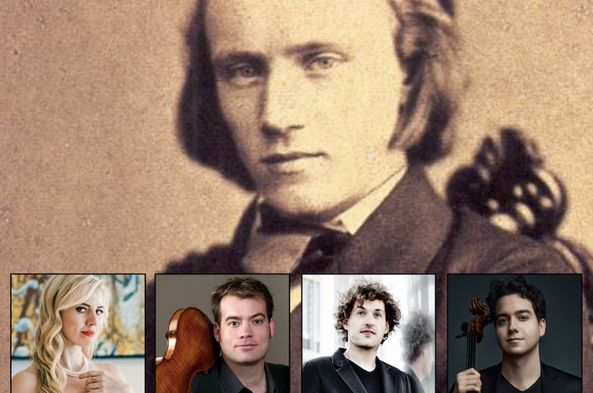 Brahms' portrait 1853 with quartet artists' headshots superimposed