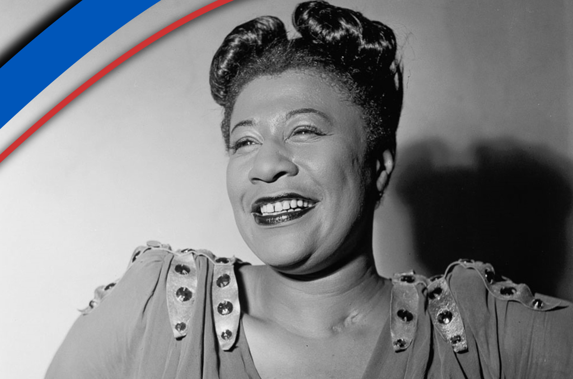Ella Fitzgerald - vintage black and white photo with red and blue corner stripe.